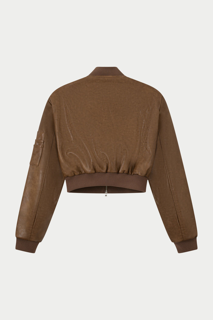 FAUX LEATHER SHOULDER PADDED BOMBER JACKET - WASHED BROWN