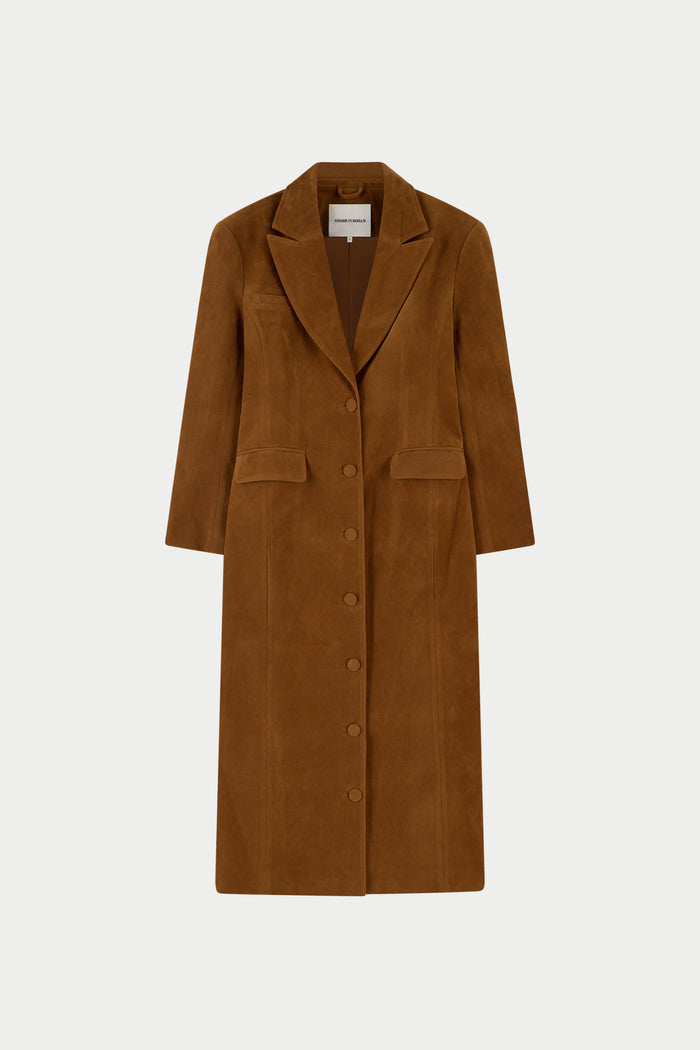 FAUX SUEDE CINCHED WAIST TAILORED COAT - BROWN