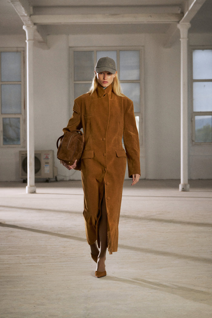 FAUX SUEDE CINCHED WAIST TAILORED COAT - BROWN