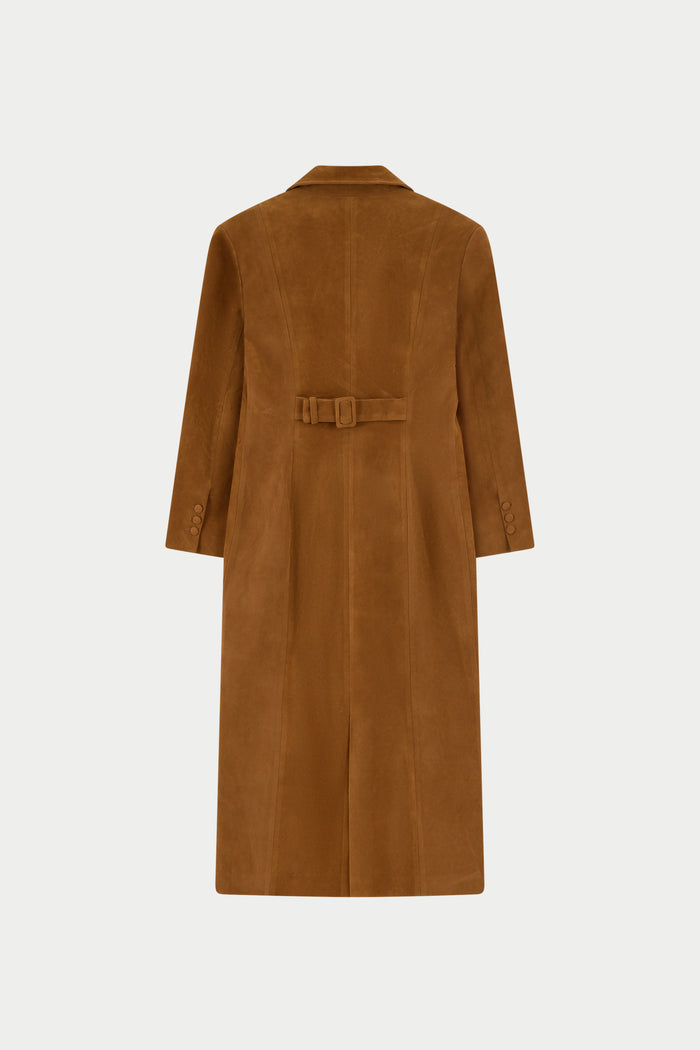 FAUX SUEDE CINCHED WAIST TAILORED COAT - BROWN