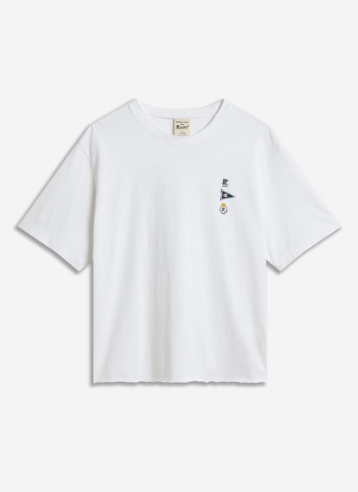 The Champion x Percival Flag Raw Hem T-shirt in white, laid flat to showcase the chest graphics and raw hem for Percival.