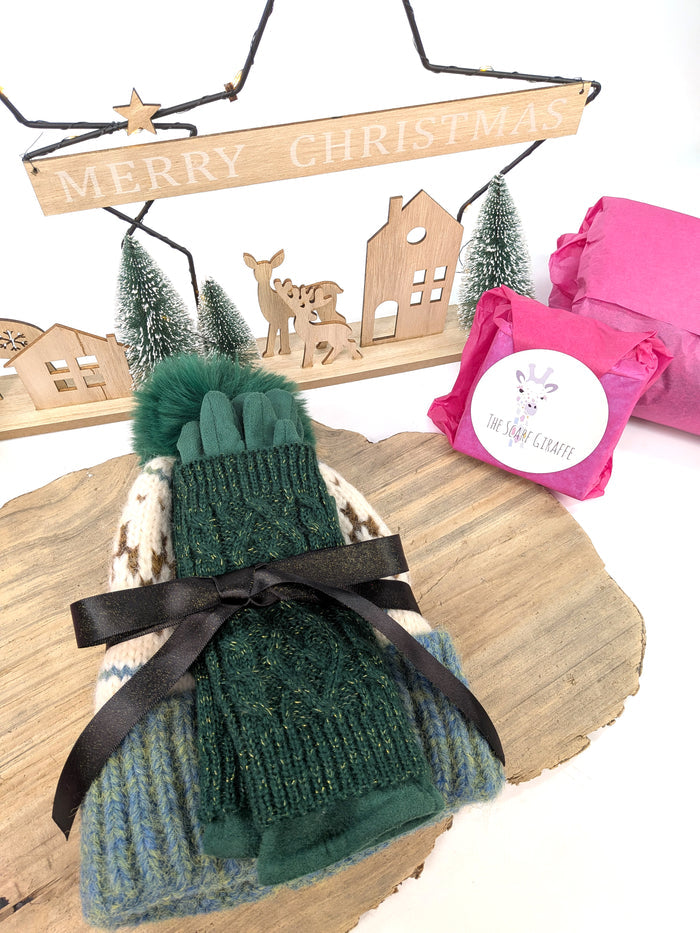 Forest Fairisle Gift Set – Green Bobble Hat & 3-in-1 Gloves