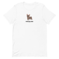 The Frenchie Mom Tee by Sassy Woof features a small cartoon brown French Bulldog above bold "FRENCHIE MOM" text on the chest—a perfect t-shirt for proud pup parents.