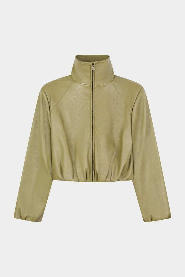 FUNNEL NECK BALLOON HEM FAUX LEATHER JACKET - OLIVE