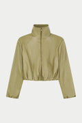 FUNNEL NECK BALLOON HEM FAUX LEATHER JACKET - OLIVE