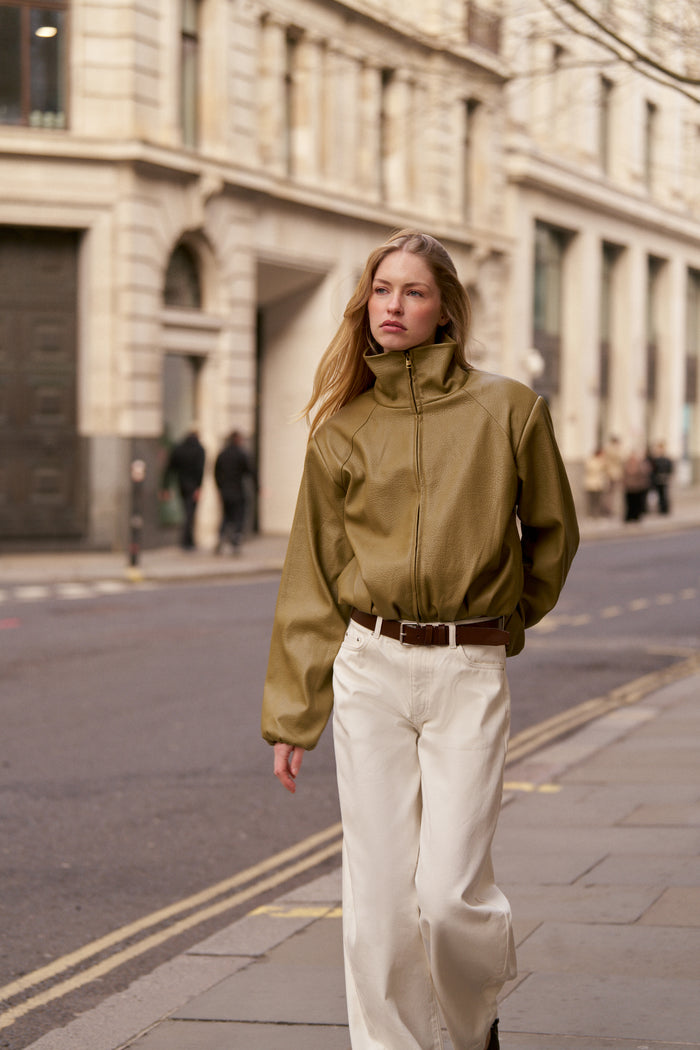 FUNNEL NECK BALLOON HEM FAUX LEATHER JACKET - OLIVE