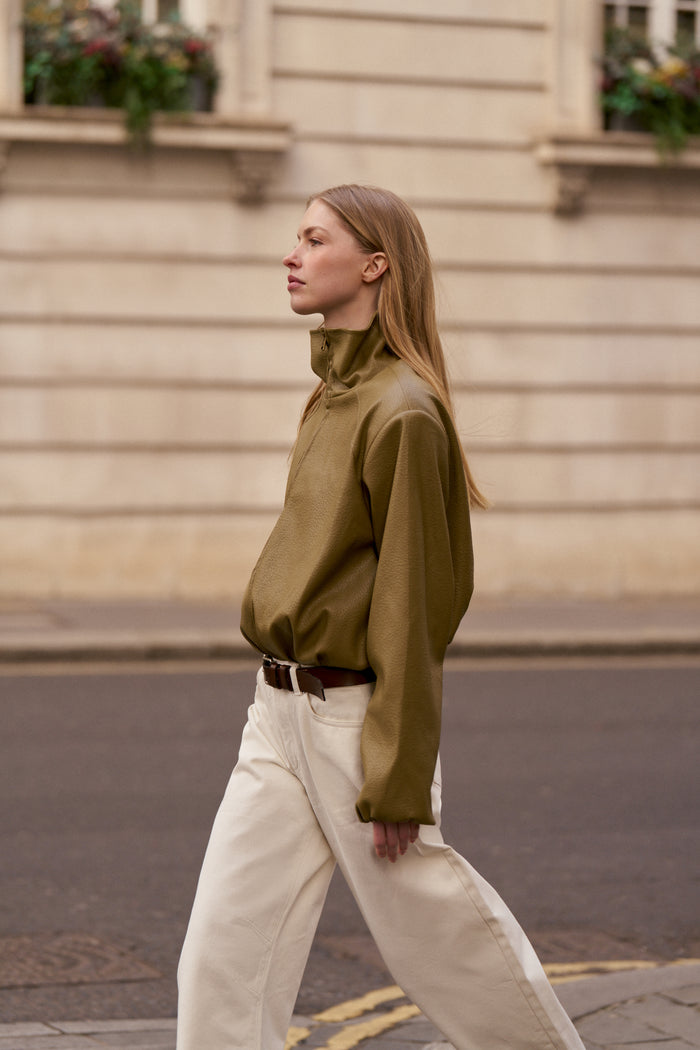 FUNNEL NECK BALLOON HEM FAUX LEATHER JACKET - OLIVE