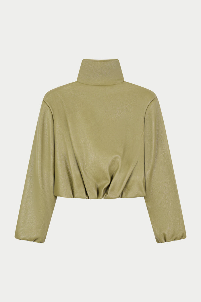 FUNNEL NECK BALLOON HEM FAUX LEATHER JACKET - OLIVE