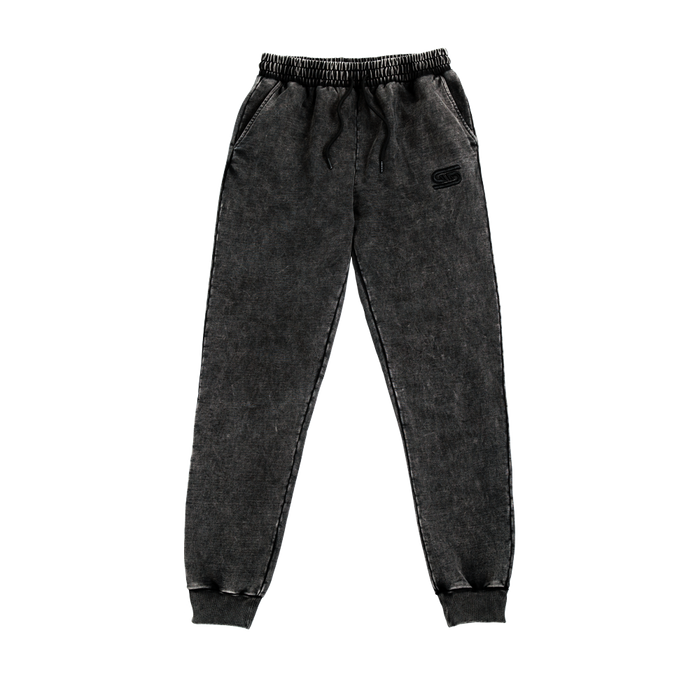 Black stonewash sweatpants with elastic waistband and a single back patch pocket on the right side.