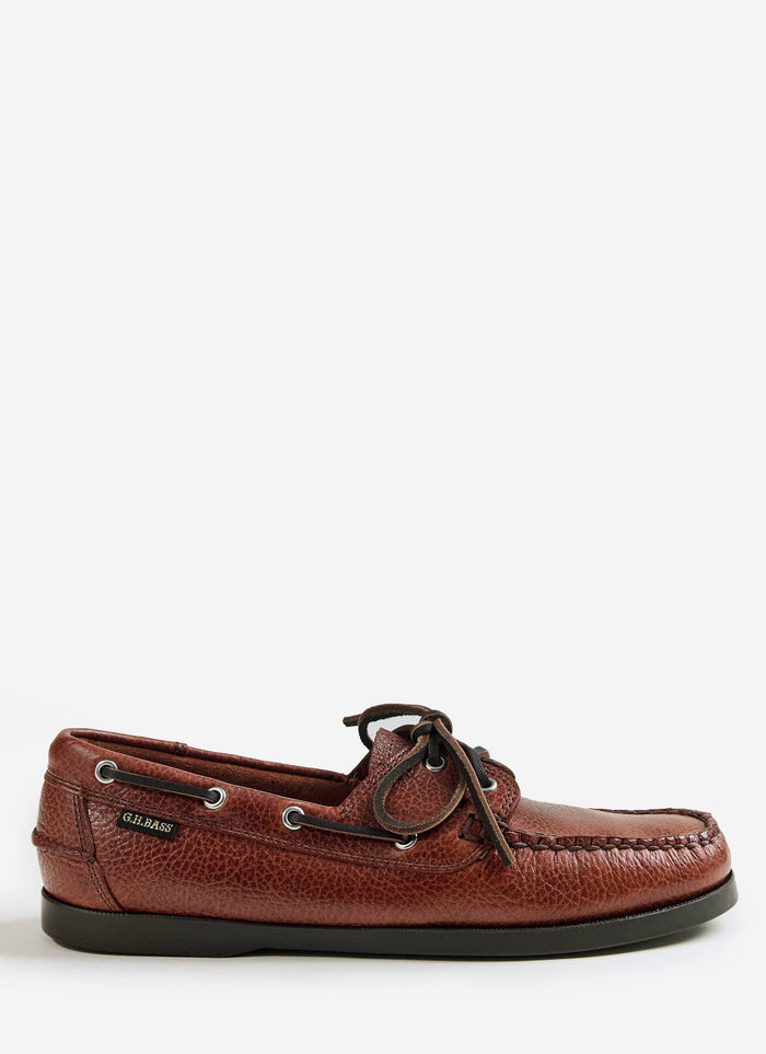 Side view of the G.H.Bass Jetty II Boater 2 Eye in textured tan leather from Percival, featuring leather laces.