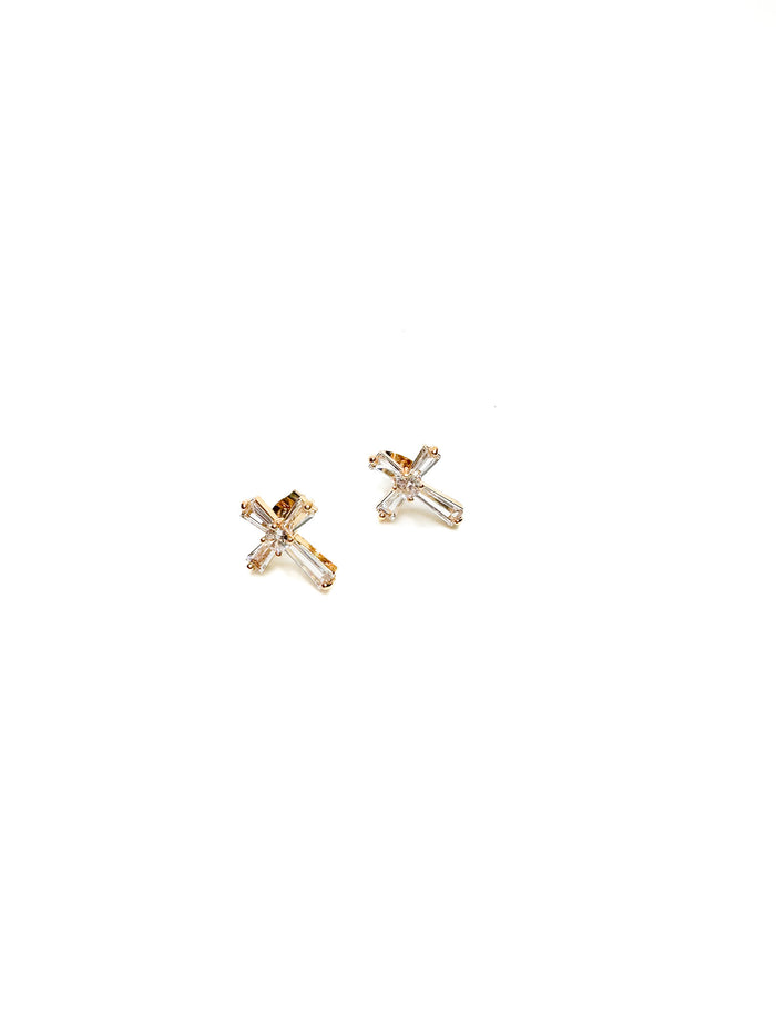 Grace Cross Studs in gold with baguette-style crystals from Ardor Boutique