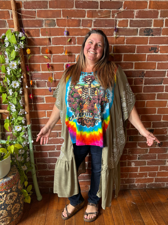 Grateful Dead Inspired Tie Dye Sage Embroidered Hi Lo Top