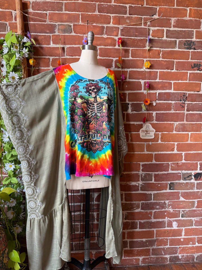 Grateful Dead Inspired Tie Dye Sage Embroidered Hi Lo Top