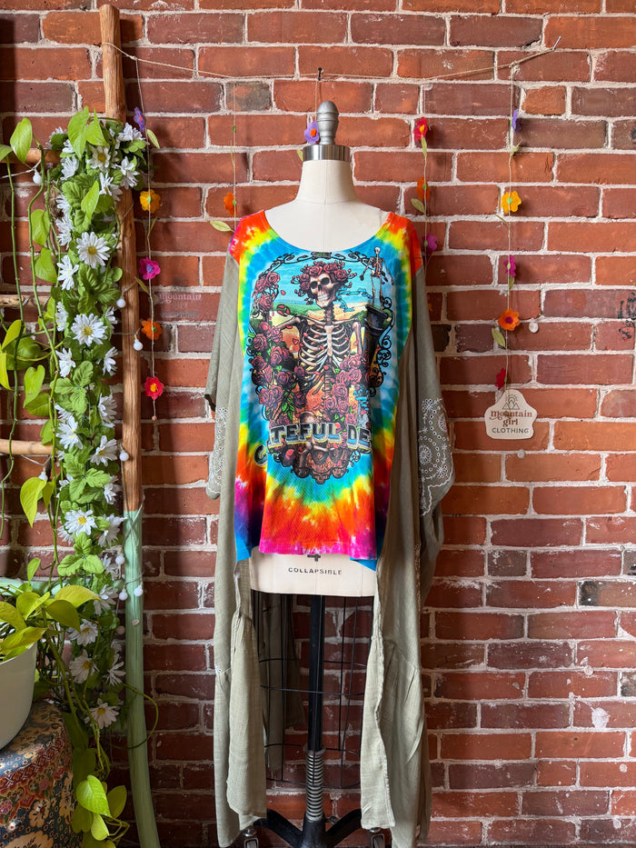 Grateful Dead Inspired Tie Dye Sage Embroidered Hi Lo Top