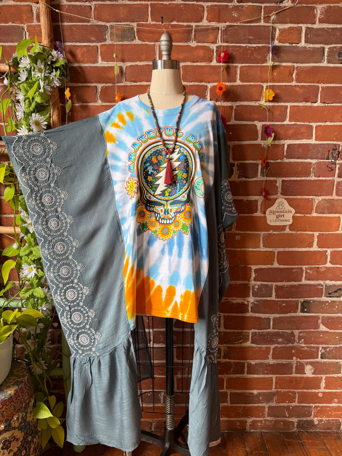 Grateful Dead Sunflower Inspired Tie Dye Teal Embroidered Hi Lo Top