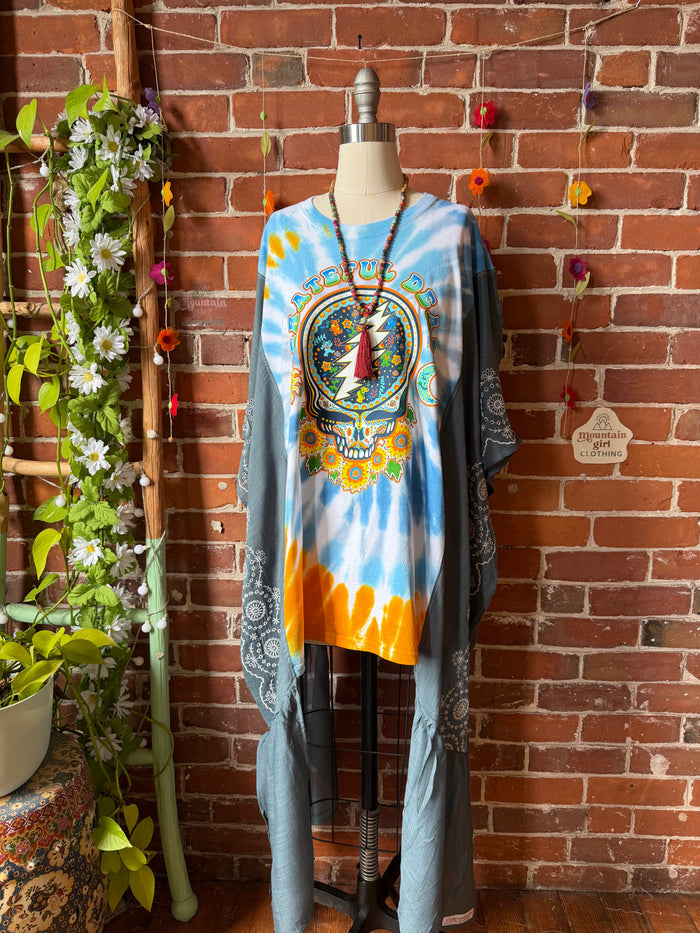 Grateful Dead Sunflower Inspired Tie Dye Teal Embroidered Hi Lo Top