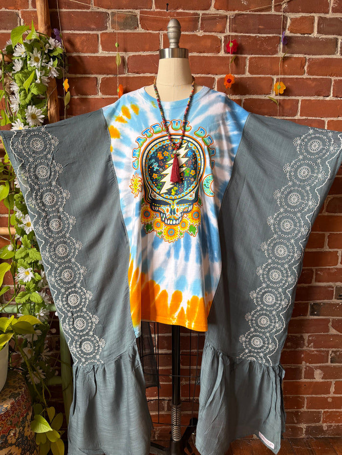 Grateful Dead Sunflower Inspired Tie Dye Teal Embroidered Hi Lo Top