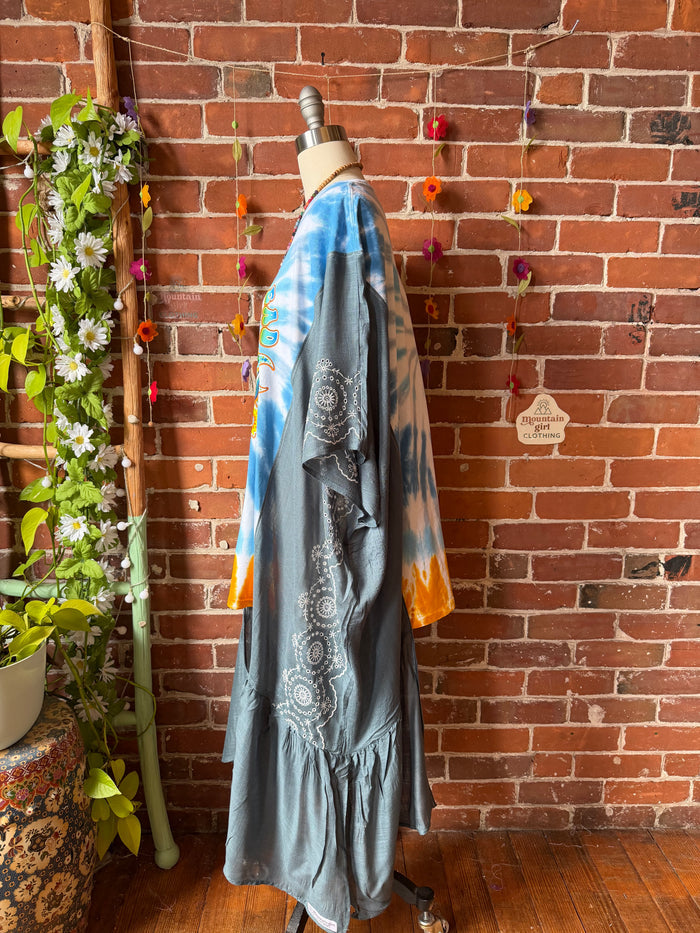 Grateful Dead Sunflower Inspired Tie Dye Teal Embroidered Hi Lo Top