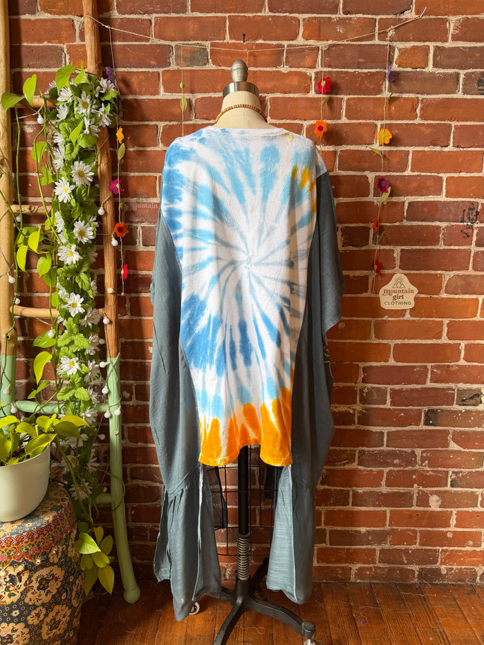 Grateful Dead Sunflower Inspired Tie Dye Teal Embroidered Hi Lo Top
