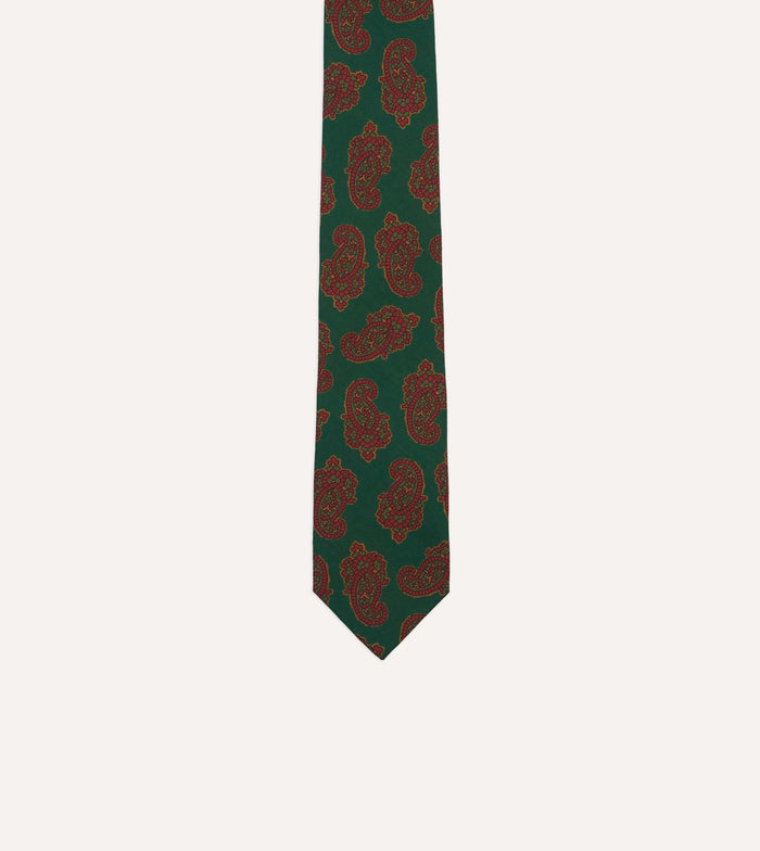 Green Paisley Motif Print Wool-Silk Self Tipped Tie