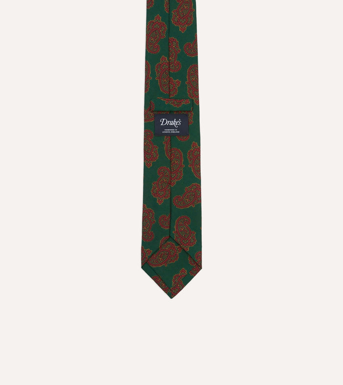 Green Paisley Motif Print Wool-Silk Self Tipped Tie