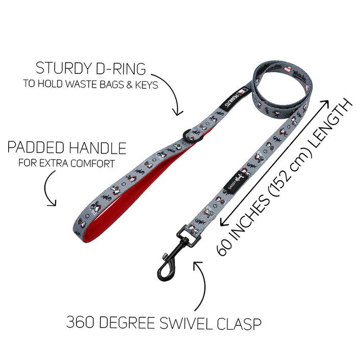 The Sassy Woof Harness Three Piece Bundle – MLB™ x Peanuts™ Chicago White Sox™ includes a gray leash with cartoon prints, padded red handle, sturdy D-ring, 360° swivel clasp, and 60" length—ideal for matching with your dog's harness set.