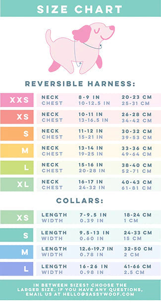 Size chart for Sassy Woof's Harness Three Piece Bundle - MLB™ x Peanuts™ Chicago White Sox™. Displays neck/chest sizing for XXS–XL harnesses, collar length/width for S–L, plus a pink dog illustration—great for tracking your puppy’s growth.