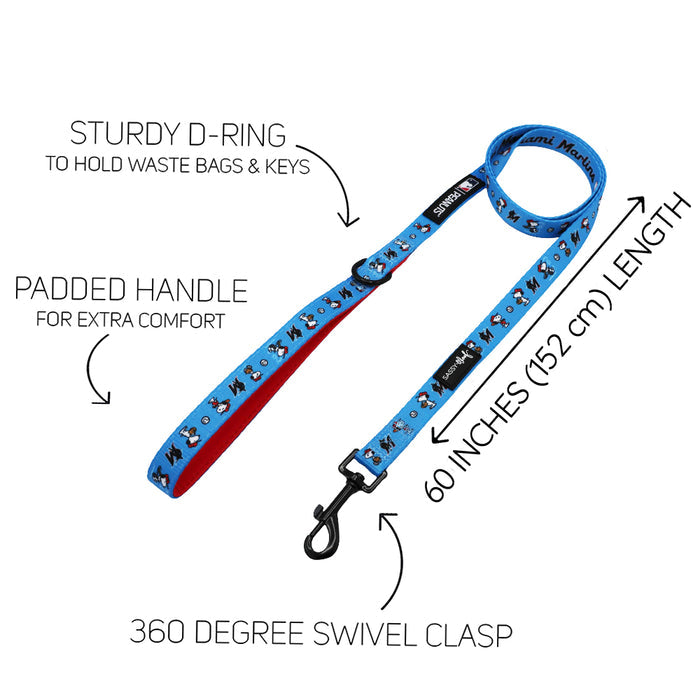 The Harness Three Piece Bundle - MLB™ x Peanuts™ Miami Marlins™ by Sassy Woof features blue cartoon graphics, a sturdy D-ring, padded handle, 60-inch length, and 360° swivel clasp, with arrows highlighting each feature.