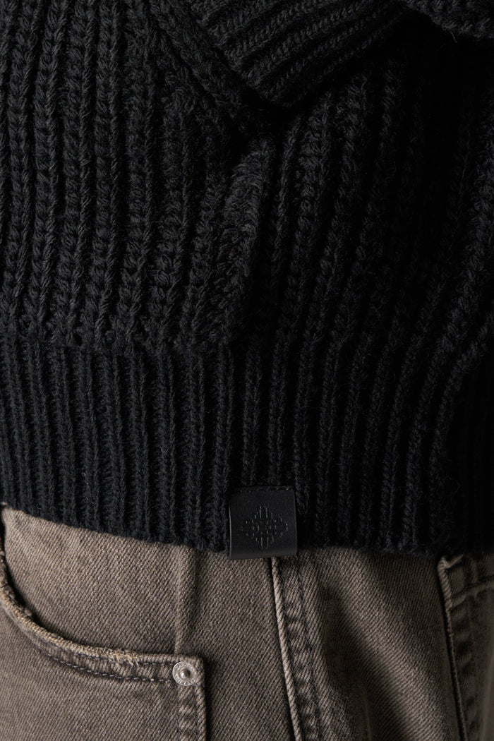 HEAVY RIB KNITTED ZIP THROUGH HOODIE - BLACK