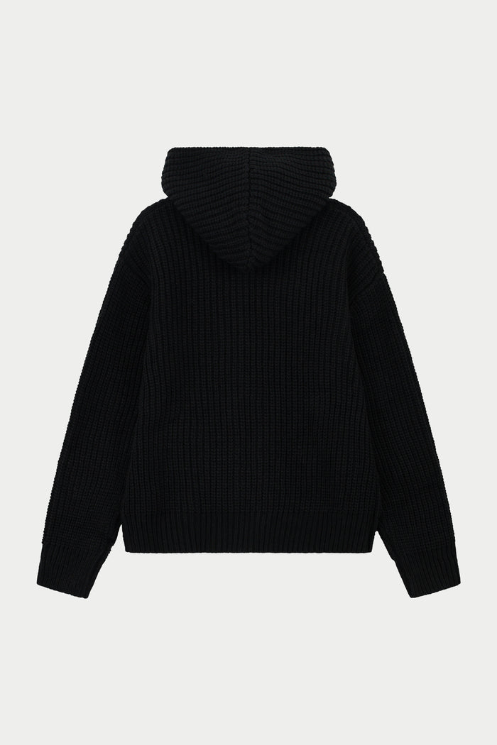 HEAVY RIB KNITTED ZIP THROUGH HOODIE - BLACK