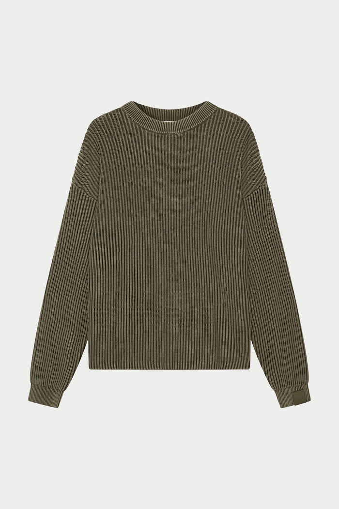 HEAVY WASHED RIBBED KNIT CREW - KHAKI