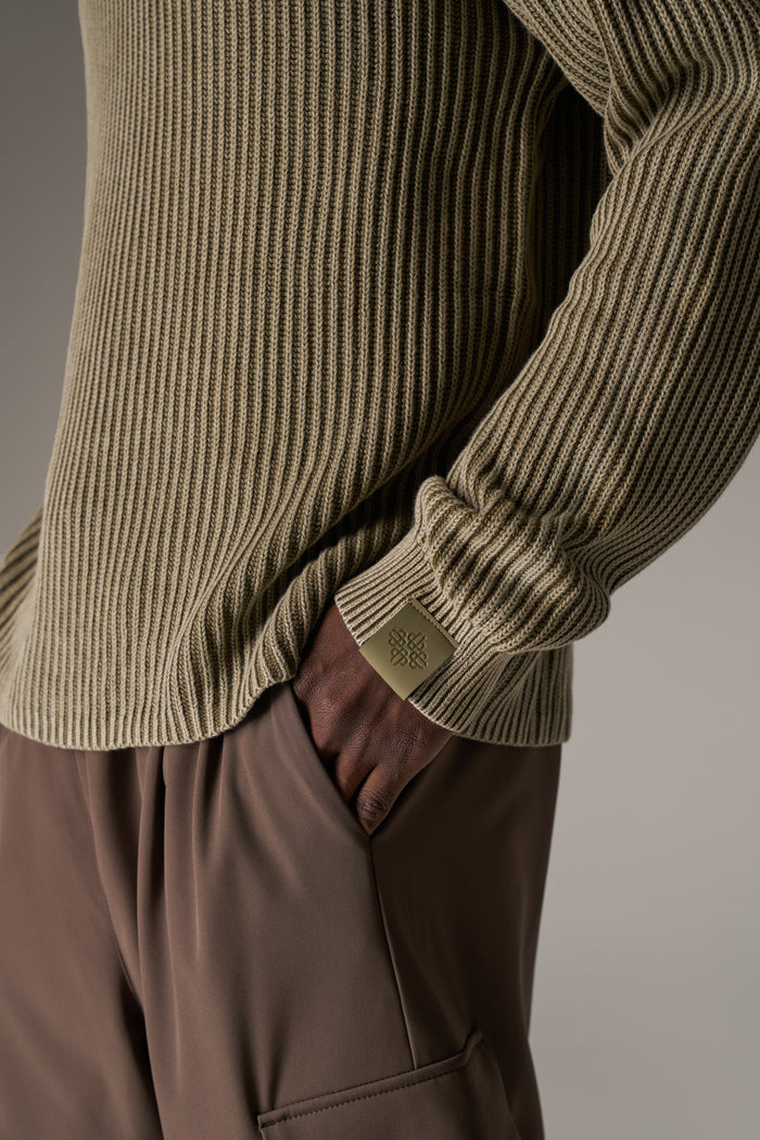 HEAVY WASHED RIBBED KNIT CREW - KHAKI