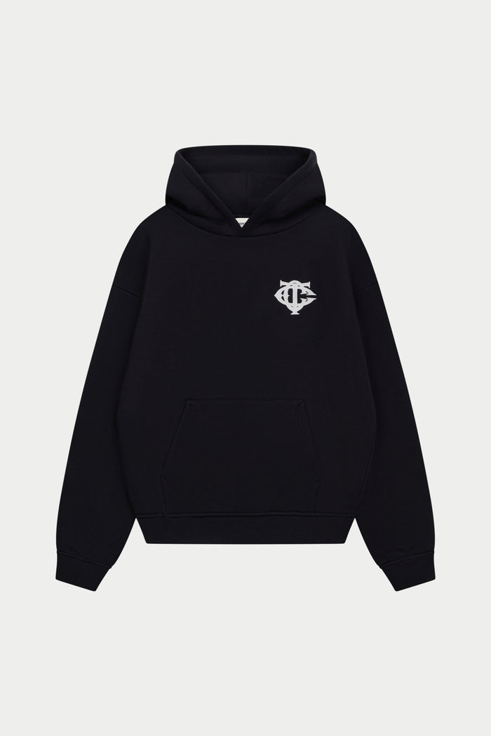 HEAVYWEIGHT MONOGRAM APPLIQUE EMBLEM HOODIE - BLACK