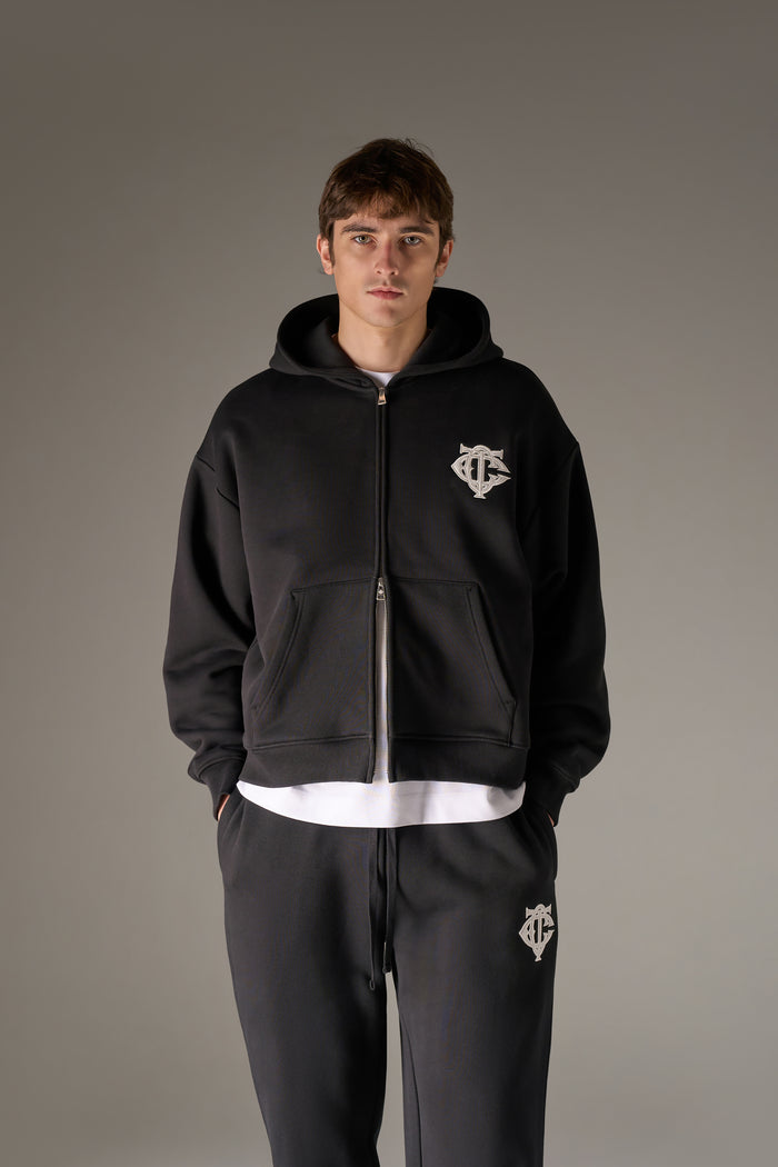 HEAVYWEIGHT MONOGRAM APPLIQUE EMBLEM ZIP THROUGH - BLACK