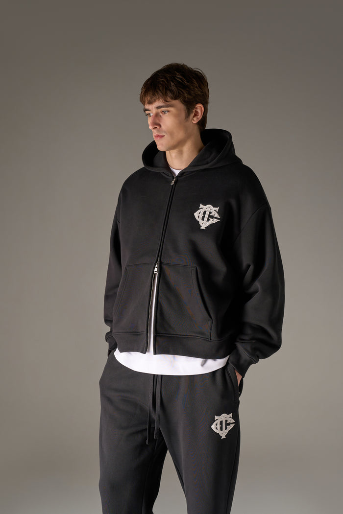 HEAVYWEIGHT MONOGRAM APPLIQUE EMBLEM ZIP THROUGH - BLACK