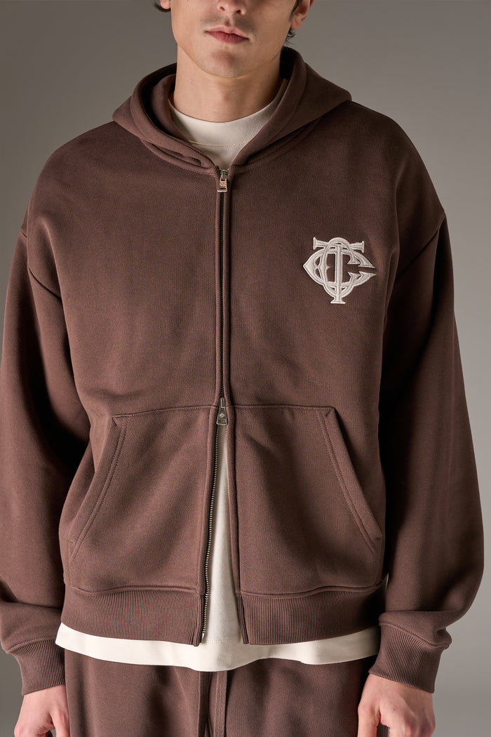 HEAVYWEIGHT MONOGRAM APPLIQUE EMBLEM ZIP THROUGH - BROWN