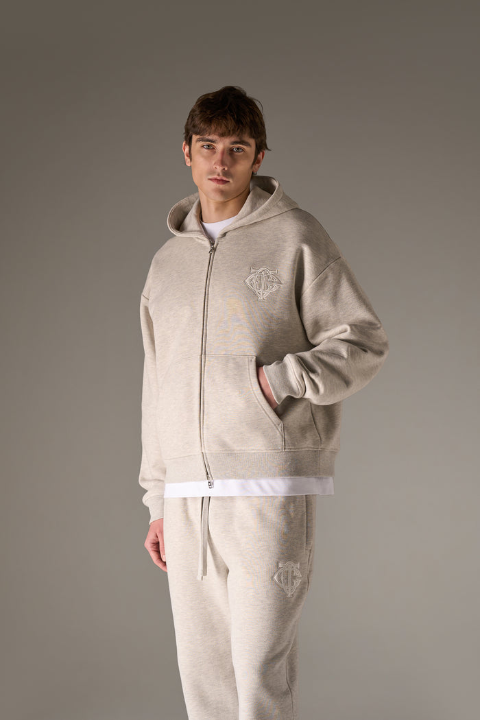 HEAVYWEIGHT MONOGRAM APPLIQUE EMBLEM ZIP THROUGH - GREY MARL