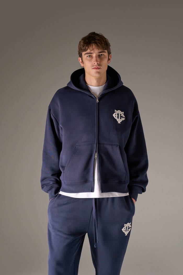 HEAVYWEIGHT MONOGRAM APPLIQUE EMBLEM ZIP THROUGH - NAVY