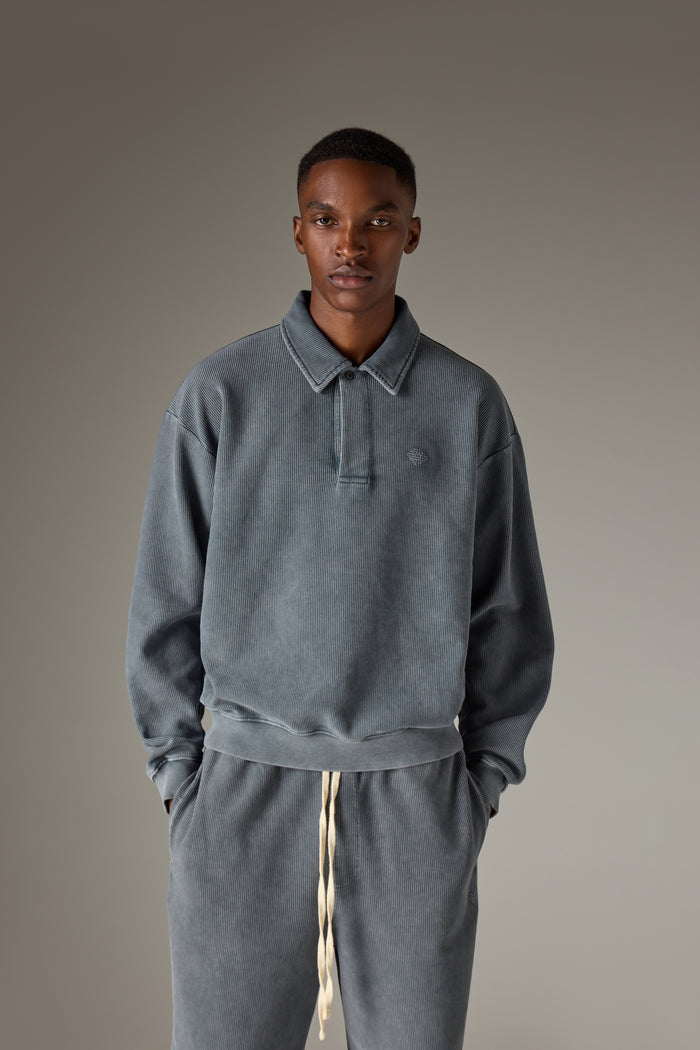 HEAVYWEIGHT WASHED RIBBED POLO SWEATSHIRT - GREY
