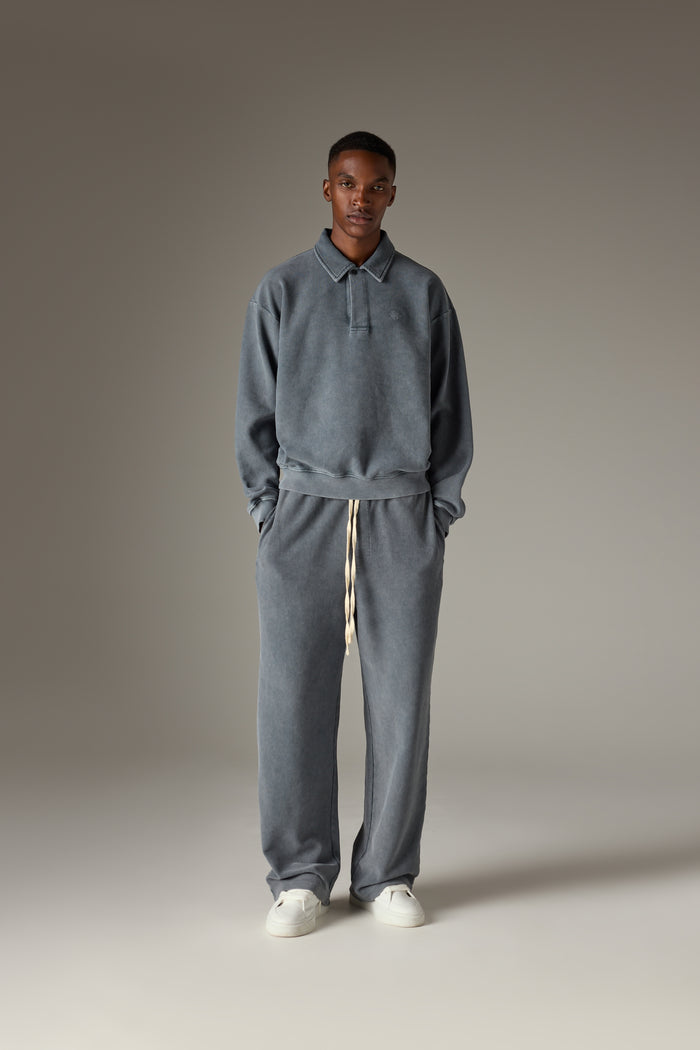 HEAVYWEIGHT WASHED RIBBED POLO SWEATSHIRT - GREY