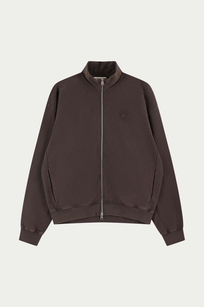 HEAVYWEIGHT WASHED RIBBED ZIP THROUGH FUNNEL NECK - BROWN