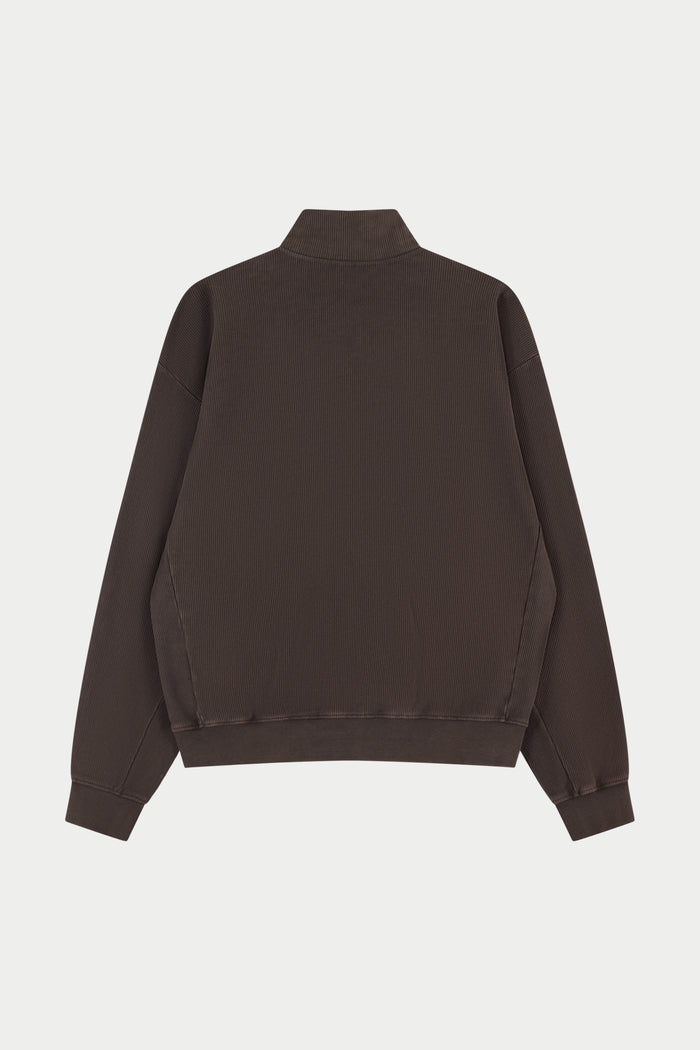 HEAVYWEIGHT WASHED RIBBED ZIP THROUGH FUNNEL NECK - BROWN