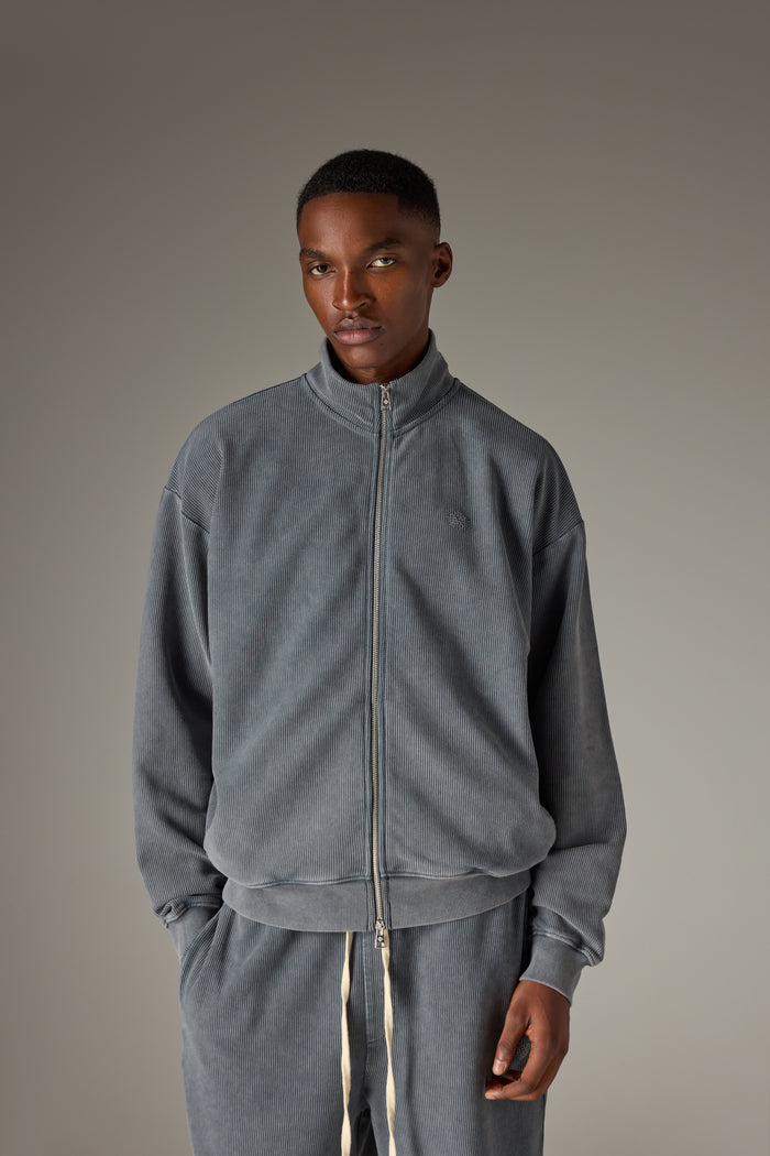 HEAVYWEIGHT WASHED RIBBED ZIP THROUGH FUNNEL NECK - GREY