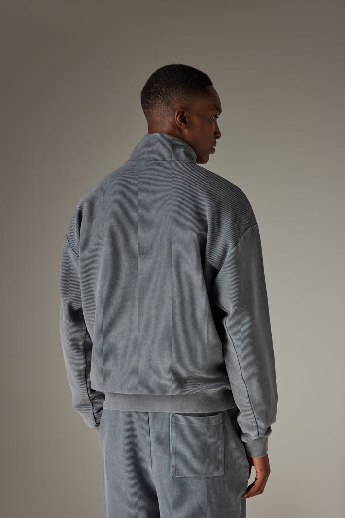 HEAVYWEIGHT WASHED RIBBED ZIP THROUGH FUNNEL NECK - GREY