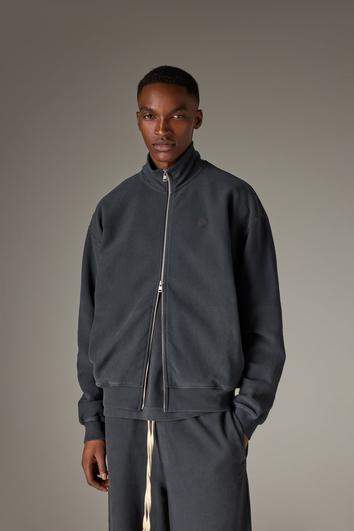 HEAVYWEIGHT WASHED RIBBED ZIP THROUGH FUNNEL NECK - WASHED BLACK
