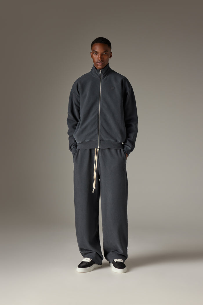HEAVYWEIGHT WASHED RIBBED ZIP THROUGH FUNNEL NECK - WASHED BLACK