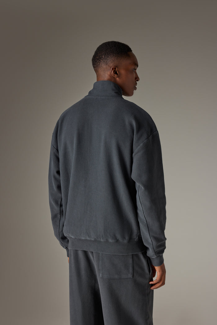 HEAVYWEIGHT WASHED RIBBED ZIP THROUGH FUNNEL NECK - WASHED BLACK