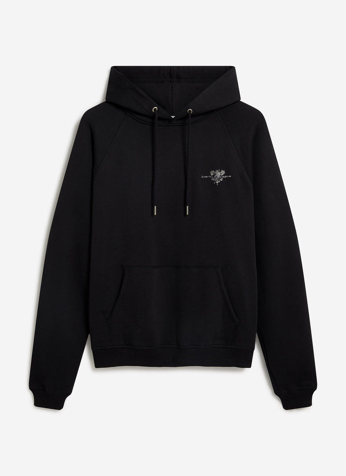 The Percival Heritage 90's Raglan Hoodie in black cotton, laid flat to showcase the chest embroidery and raglan sleeves.