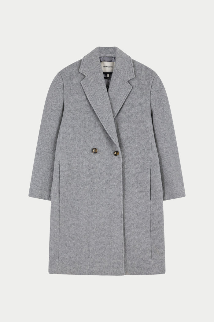 HERRINGBONE WOOL LONGLINE DUSTER COAT - GREY