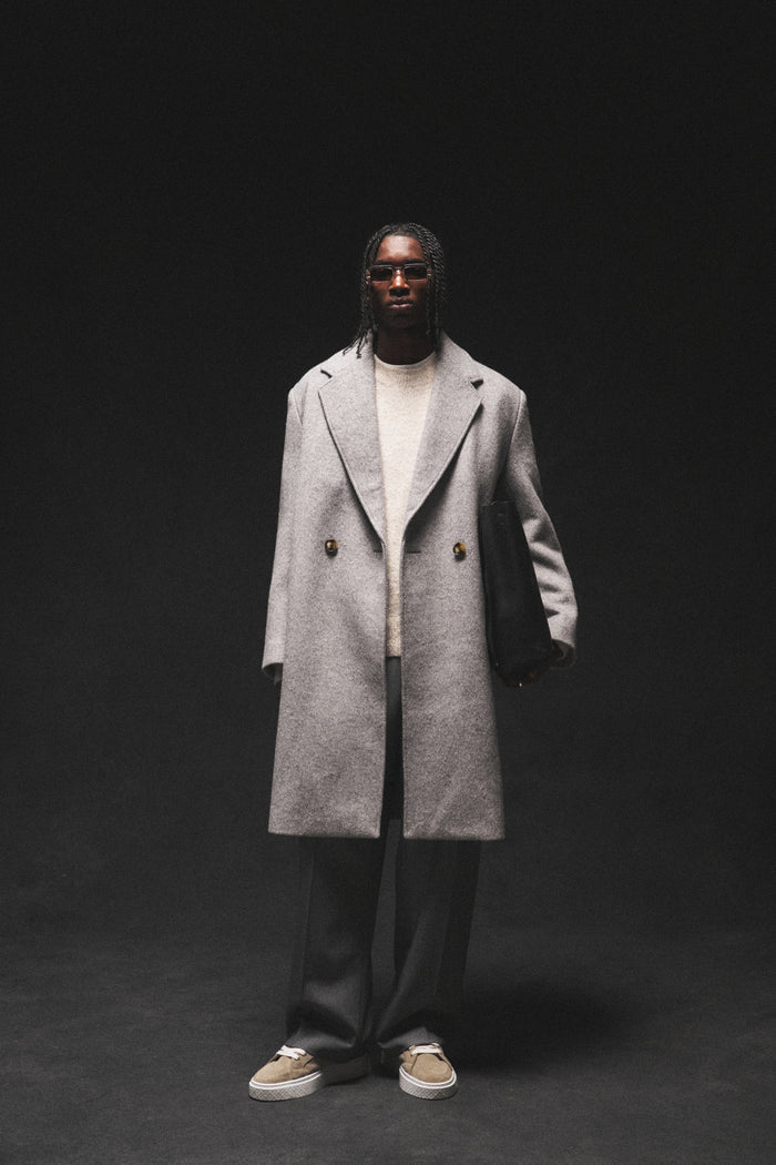 HERRINGBONE WOOL LONGLINE DUSTER COAT - GREY